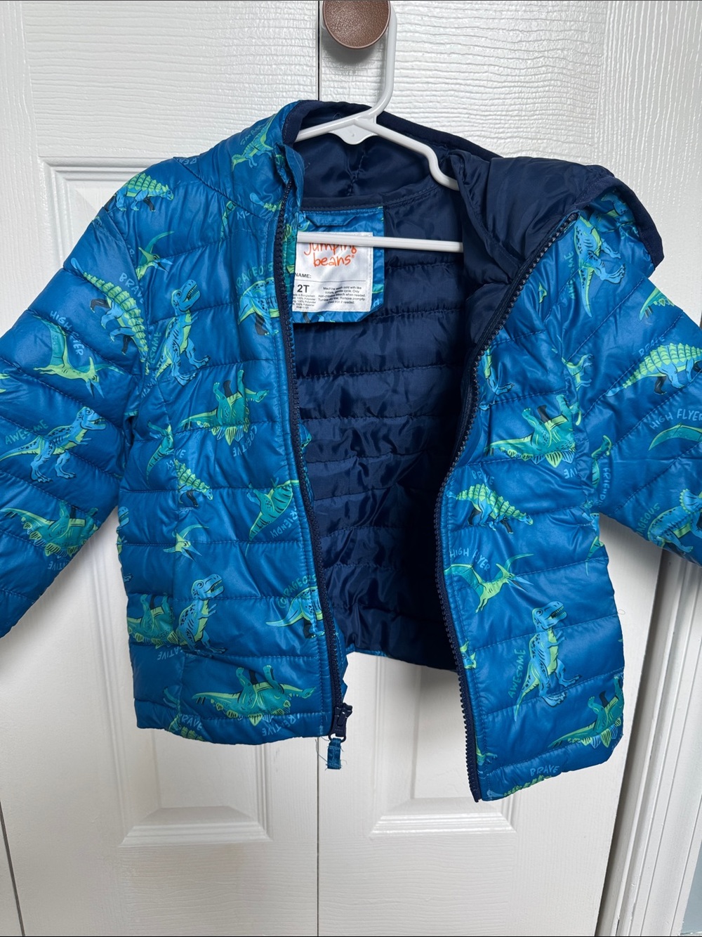 jumping beans Blue Puffer Jacket with Green Dinosaur Print